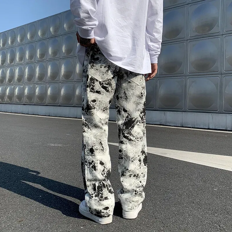 Color: black, Size: S - Printed jeans Unisex Elastic waist Spring 2025 Mopping Trousers Jeans Mens Fashion Korean Style High Street Loose Hip Hop Pants