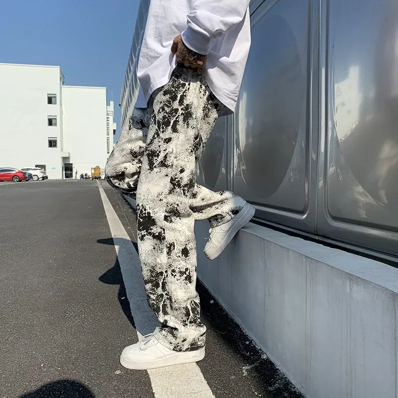 Color: black, Size: S - Printed jeans Unisex Elastic waist Spring 2025 Mopping Trousers Jeans Mens Fashion Korean Style High Street Loose Hip Hop Pants