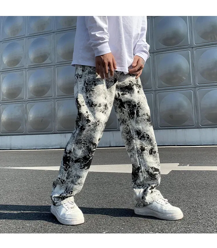 Color: black, Size: S - Printed jeans Unisex Elastic waist Spring 2025 Mopping Trousers Jeans Mens Fashion Korean Style High Street Loose Hip Hop Pants