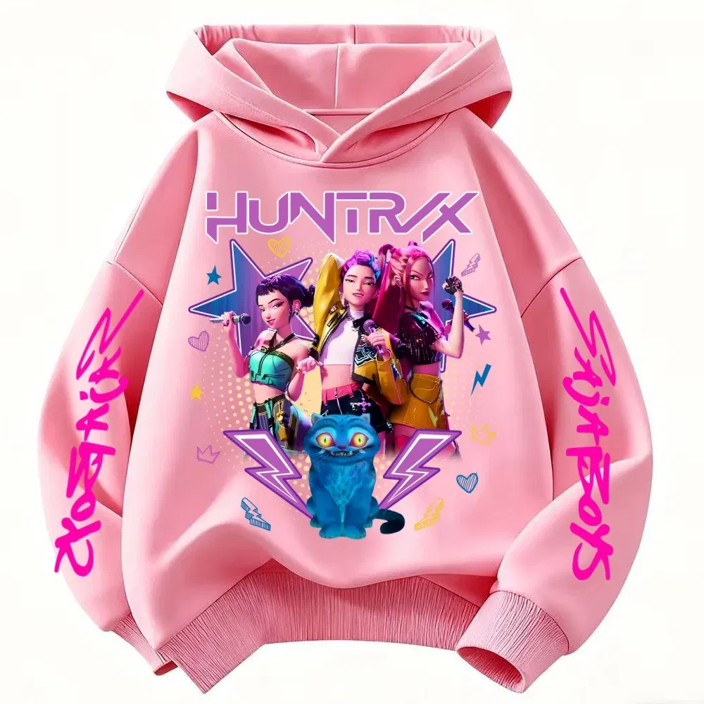 Color: WHITE, Kid Size: 5 - Demone Hunter Girl's Pink Hooded Streetwear Autumn Cute Anime Baby Pullover Kids Y2K Kawaii Long Sleeved T-shirt Casual Clothes