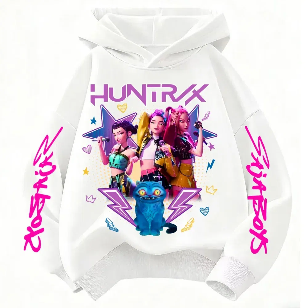 Color: WHITE, Kid Size: 5 - Demone Hunter Girl's Pink Hooded Streetwear Autumn Cute Anime Baby Pullover Kids Y2K Kawaii Long Sleeved T-shirt Casual Clothes