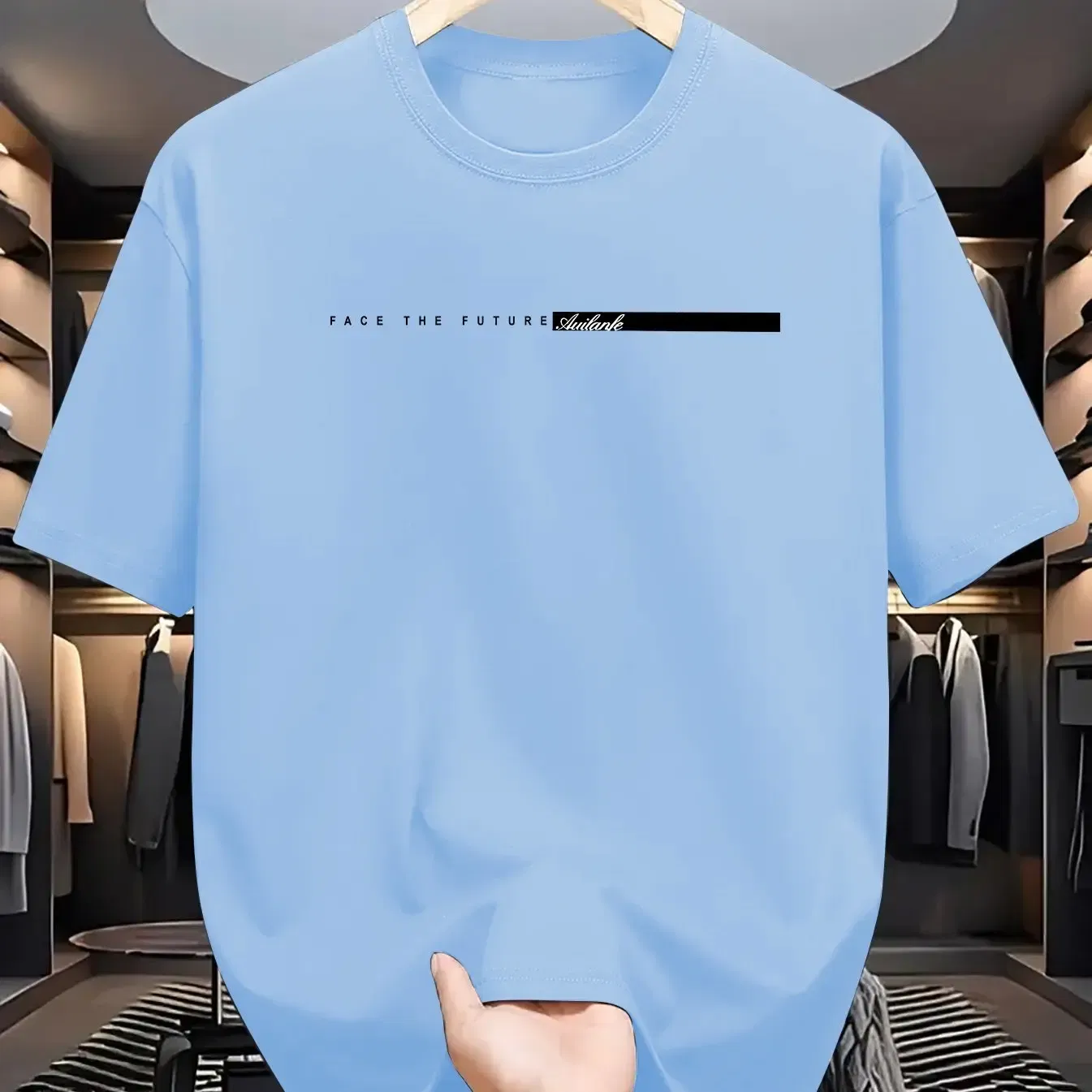 Color: Blue, Size: XS - Summer men's 100% cotton casual loose fit large letter print round neck short sleeved T-shirt top High Street Unisex style