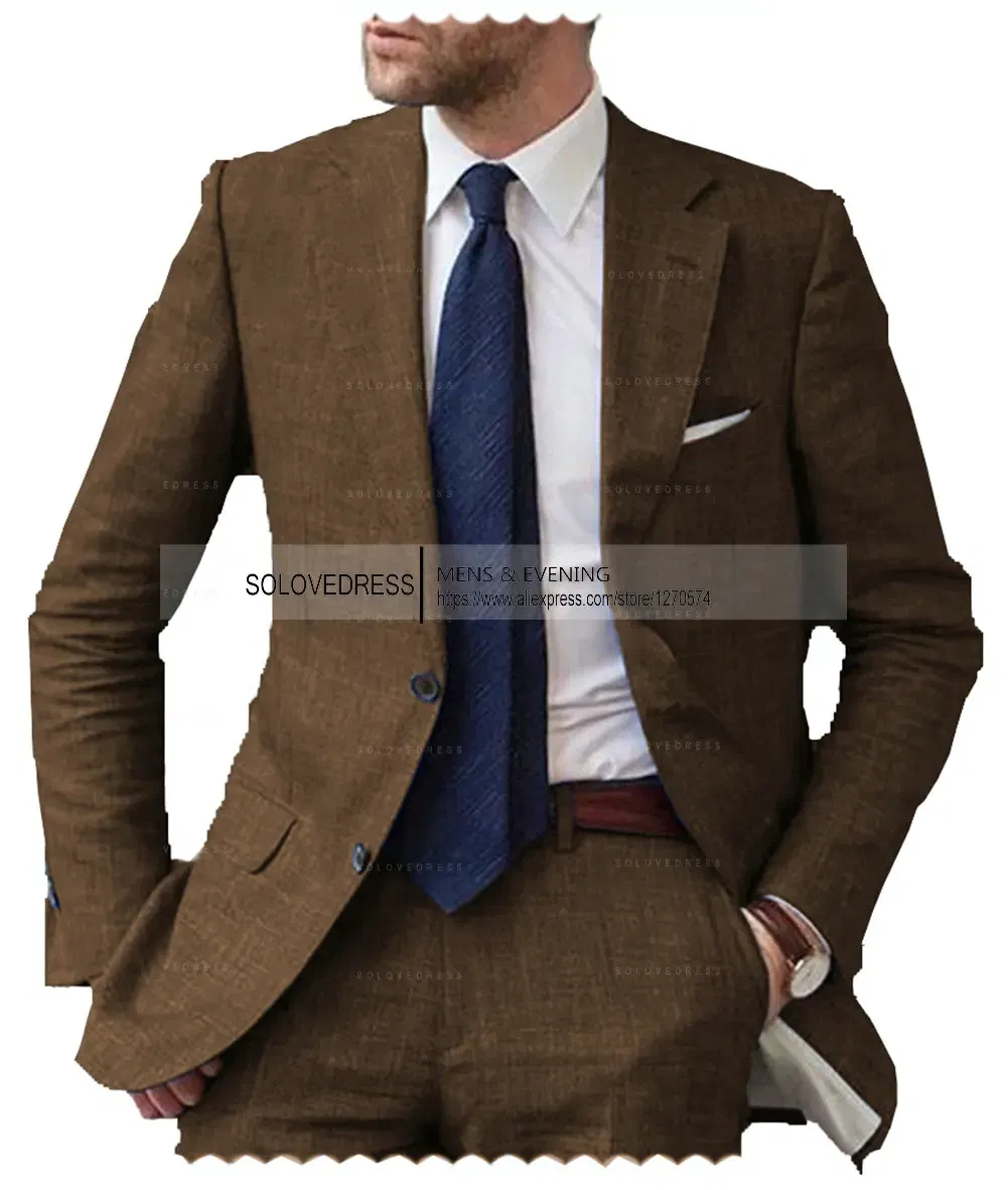 Color: Khaki, Size: 5XL - Men's 2-Piece Linen Suit Casual Slim Fit Vintage Suits Groomsmen Tuxedos Wedding Summer Beach Blazer Pants Set