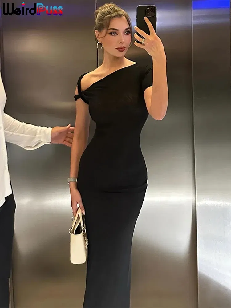 Color: black, Size: M - Weird Puss Bandage Dress Woman Summer Sexy Irregular Solid Sheath Chic Stretch Body-Shape Smooth Birthday Party Elegant Bodycon