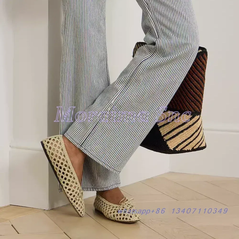 Color: black, Shoe Size: 35 - Hollow Woven Leather Ballet Shoes Flat With Round Toe Ankle Buckle Strap Fashion Shallow Women Shoes Mary Janes Summer New 2025