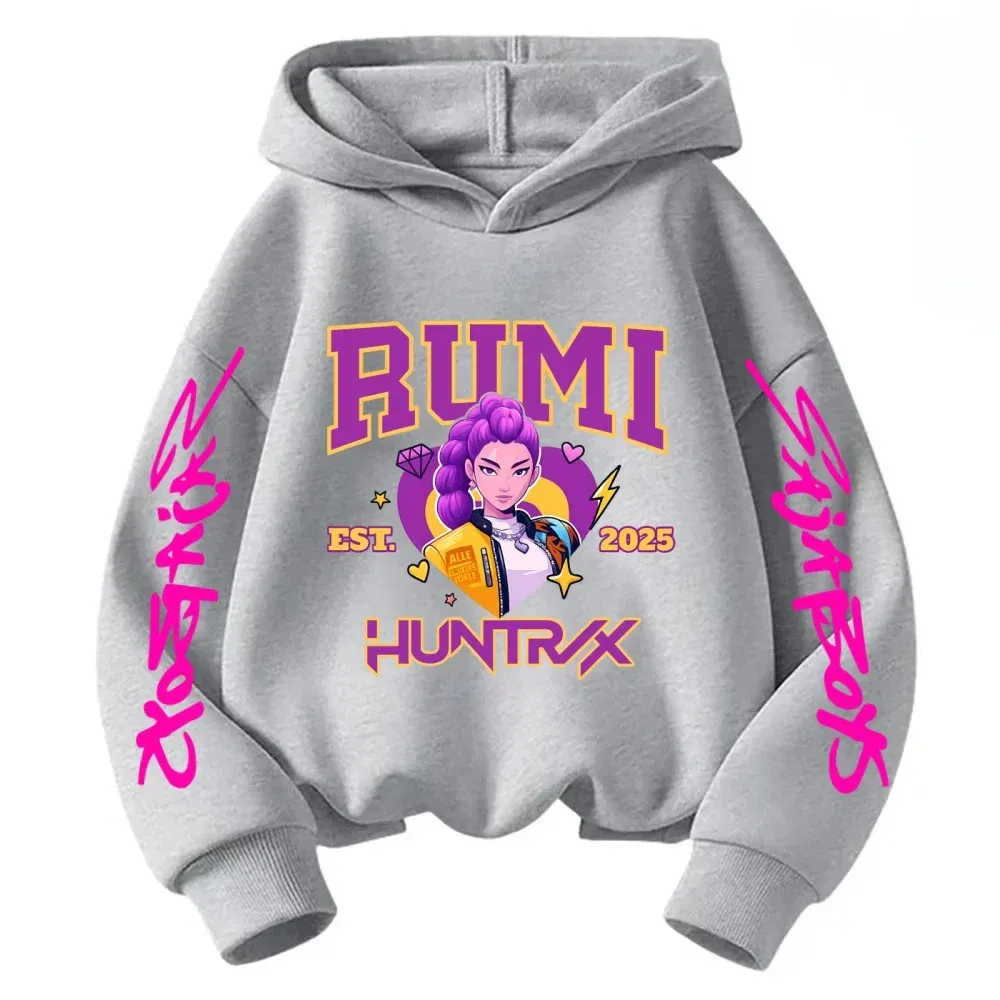 Color: Brown, Kid Size: 5 - 2025 KPop Devil Hunter Cartoon Girl Boy Hooded Sweatshirt Kawaii Children's Korean Wave Casual Fashion Top