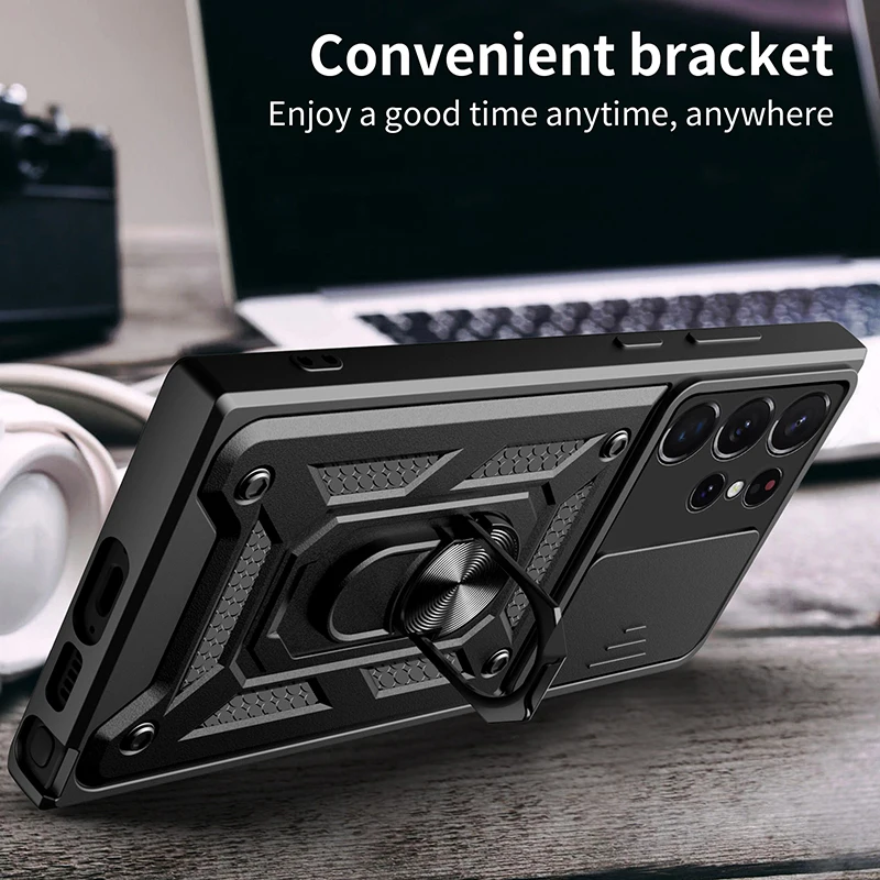 Material: ABS, Color: Black - Shockproof Armor Case For Samsung Galaxy S20 S21 S22 S23 S24 Plus Ultra FE With Car Magnetic Ring Holder Phone Cover