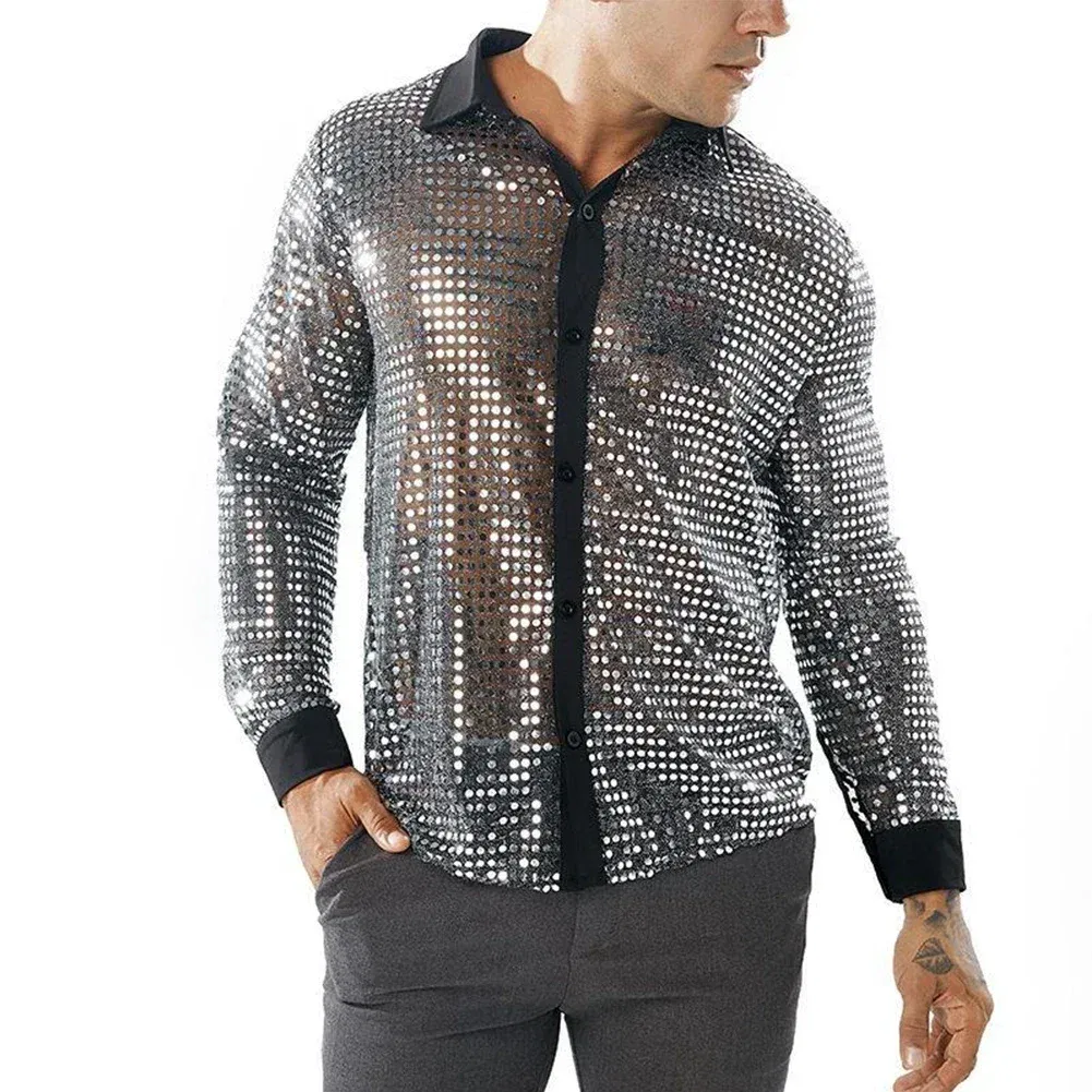 Color: Silver, Size: M, Ships From: CHINA - 2023 Fashion Mens Sparkly Sequins Party Dance Shirts Retro 70s Disco Nightclub Shirt Tops Single Breasted Performance Clothing