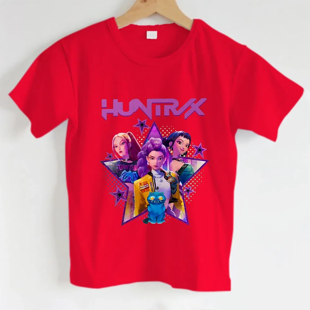 Color: Gold, Kid Size: 10 - KPOP Hunters Anime series pattern Girl T-shirt, Huntrix girl Group cute T-shirt