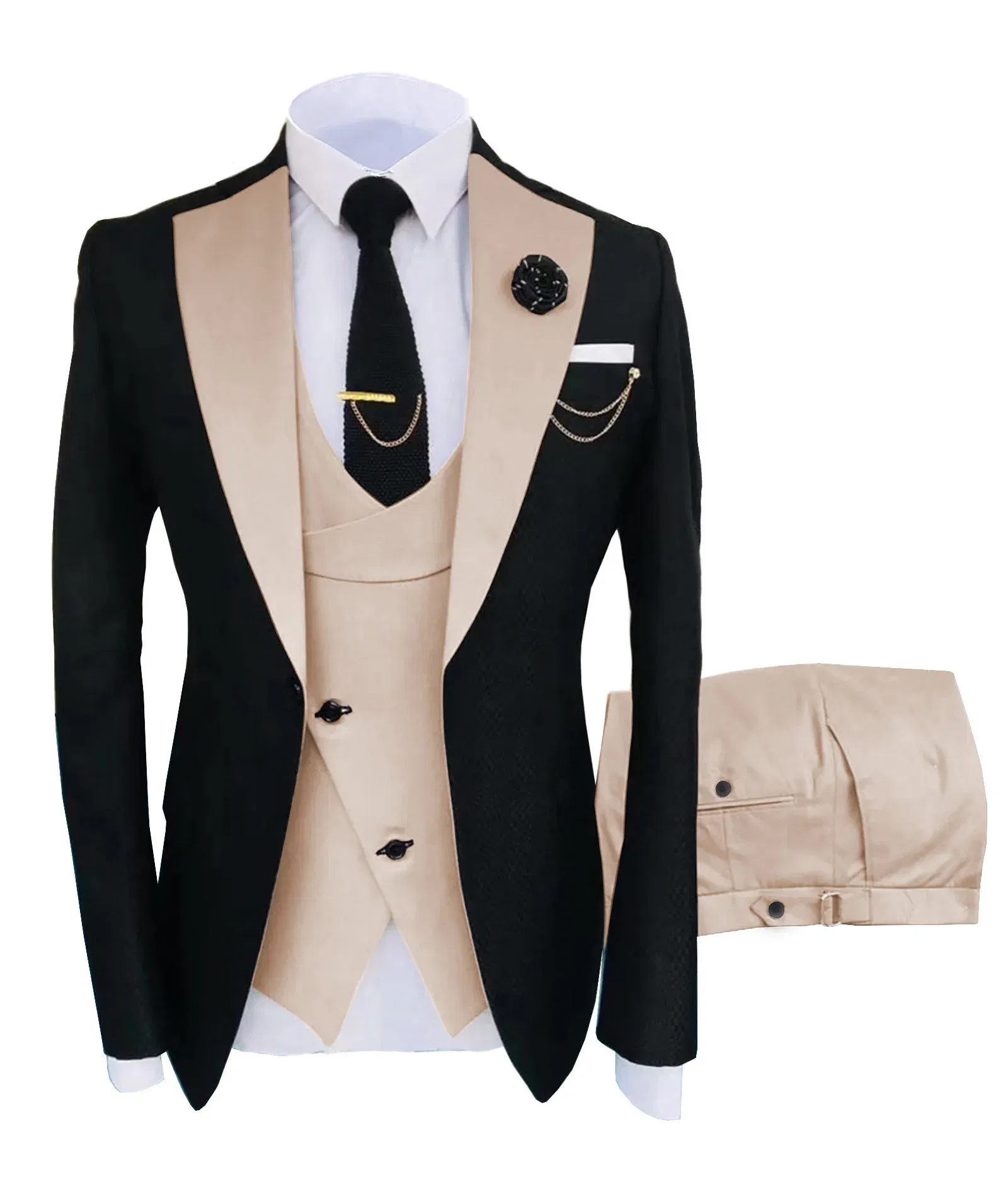 Color: Beige, Size: 4XL - New Costume Homme Popular Clothing Luxury Party Stage Men's Suit Groomsmen Regular Fit Tuxedo 3 Peice Set Jacket+Trousers+Vest