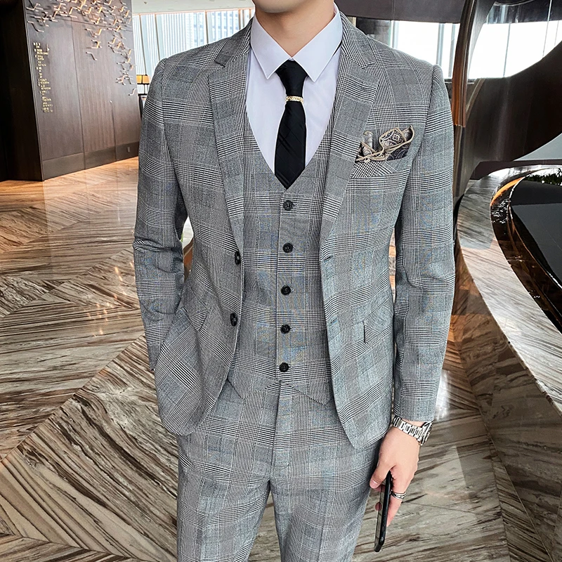 Color: Beige, Size: XXXL - Gray Men Classic Striped/Checked Suits, Business Office 3 Piece, Asian Size Slim Fit Men Dress Jacket & Pants with Vest, S-4XL