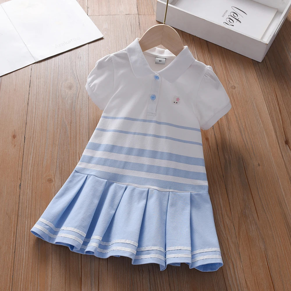 Color: Pink, Kid Size: 5 - Girls' Fashion Polo Dress with Stripes Kids Elegant Puffed Sleeves Clothes Baby Girls Summer Dresses