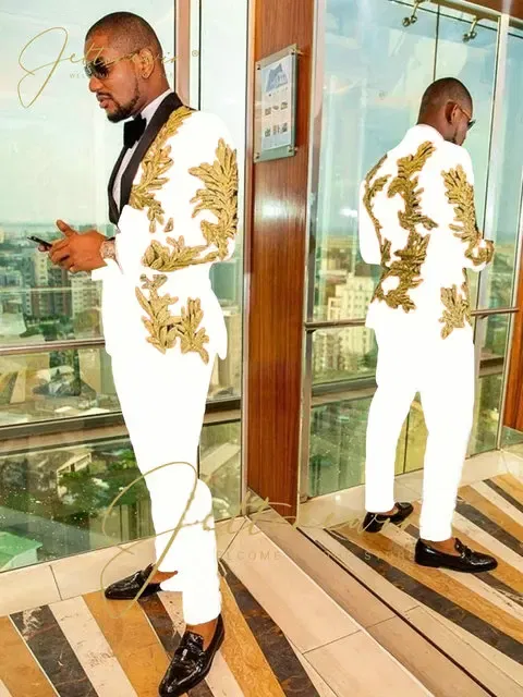 Color: MULTI, Size: S - Luxury Groom Wedding Tuxedos Gold Sequins Appliques Black Men Suits Slim Fit Costume Homme Marriage Prom Suits