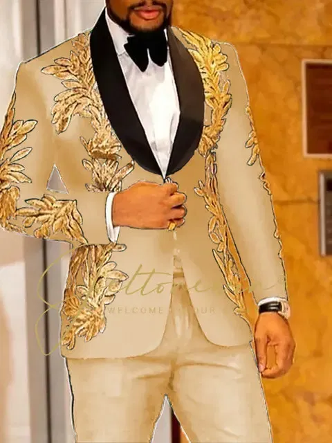 Color: MULTI, Size: S - Luxury Groom Wedding Tuxedos Gold Sequins Appliques Black Men Suits Slim Fit Costume Homme Marriage Prom Suits