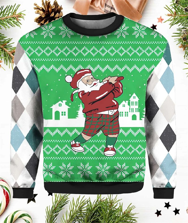 Color: SKY BLUE, Size: L - Funny Santa Claus Graphic Ugly Christmas Sweater 2026 Men Fashion Autumn Winter 3D Printed Sweatshirt Casual Oversized Pullovers