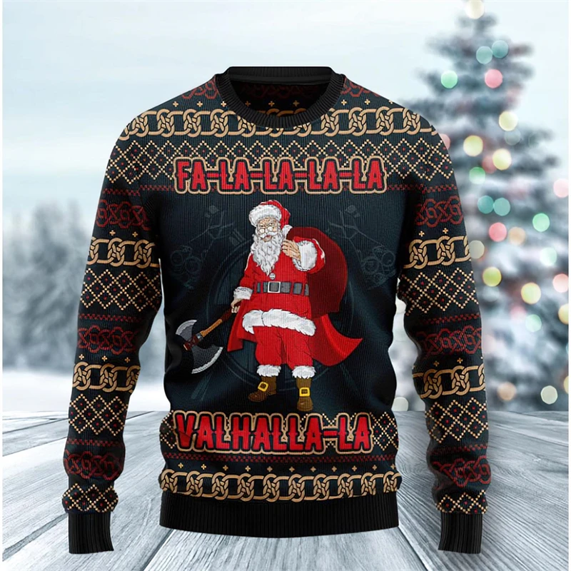 Color: SKY BLUE, Size: L - Funny Santa Claus Graphic Ugly Christmas Sweater 2026 Men Fashion Autumn Winter 3D Printed Sweatshirt Casual Oversized Pullovers