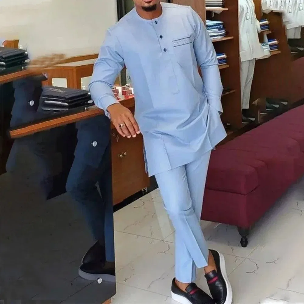 Color: PURPLE, Size: L - New Men's Tenos Wedding 2-Piece Suit Waist Pants Shirt Solid Color Panel Long Sleeve Party African Ethnic Style Clothing (M-4XL)