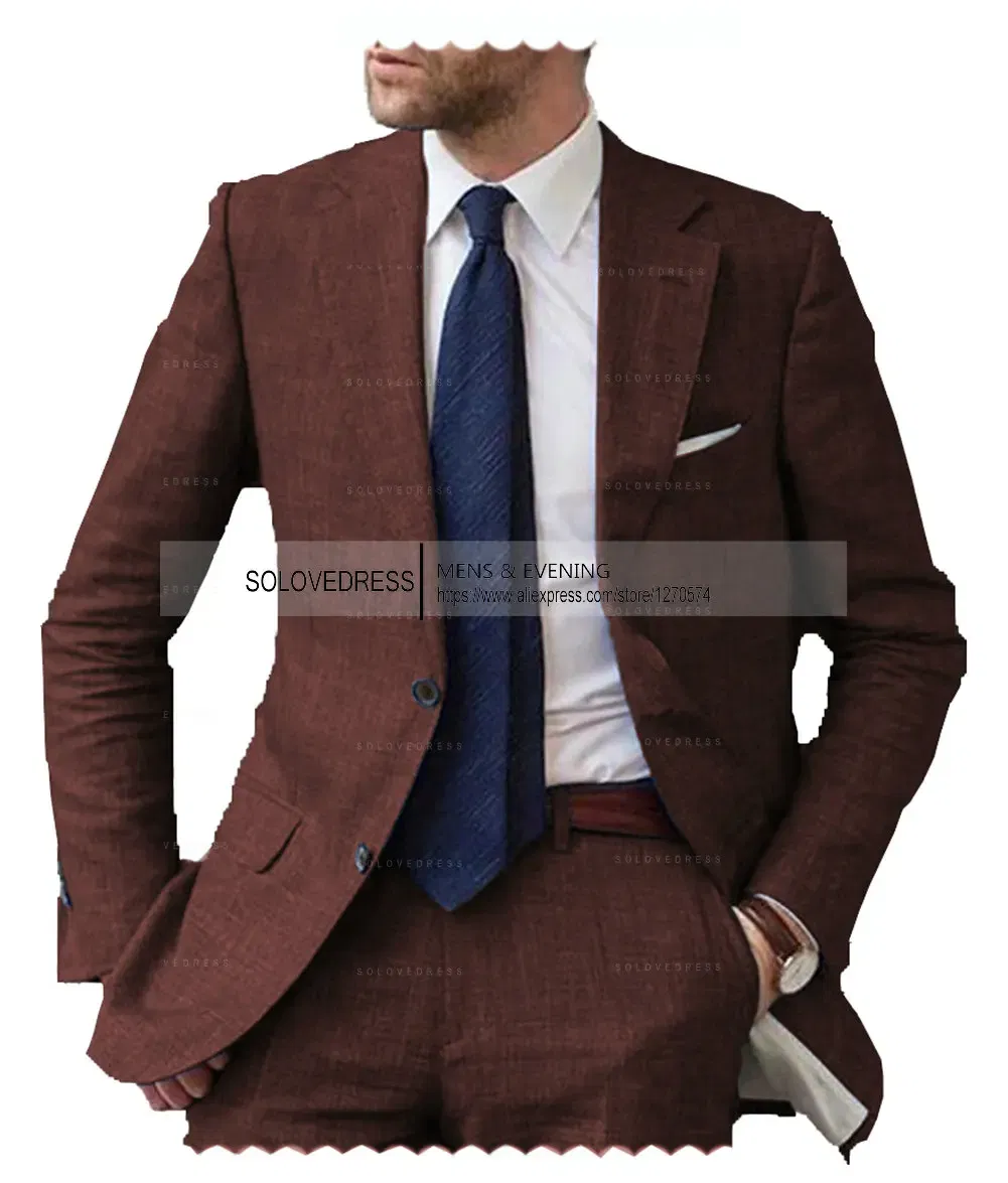 Color: Blue, Size: XXL - Men's 2-Piece Linen Suit Casual Slim Fit Vintage Suits Groomsmen Tuxedos Wedding Summer Beach Blazer Pants Set