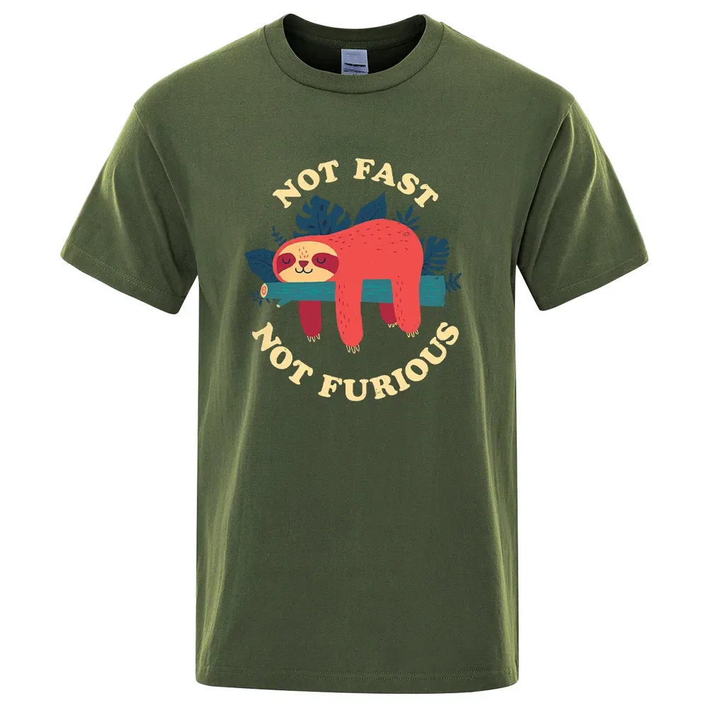 Color: green, Size: XXL - Not Fast Not Furious Sloth Cute Print Men Tee Shirts Breathable Cotton Tops Street Fashion T-shirt Women Casual Summer T Shirts