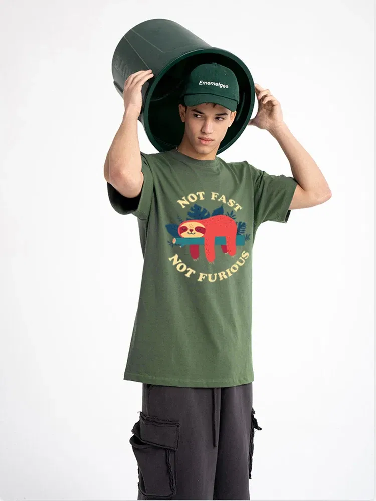 Color: green, Size: XXL - Not Fast Not Furious Sloth Cute Print Men Tee Shirts Breathable Cotton Tops Street Fashion T-shirt Women Casual Summer T Shirts