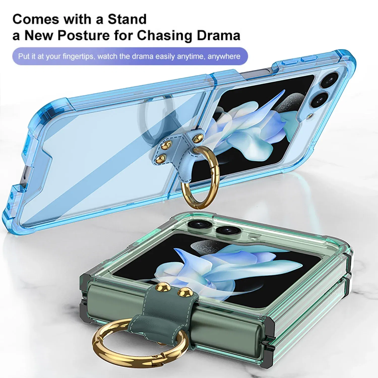Material: Aluminum, Color: Beige - Transparent Electroplated Airbag Ring Phone Case for Samsung Galaxy Z Flip 5 4 3 5G Flip5 Flip4 Flip3 5G Stand Shockproof Cover