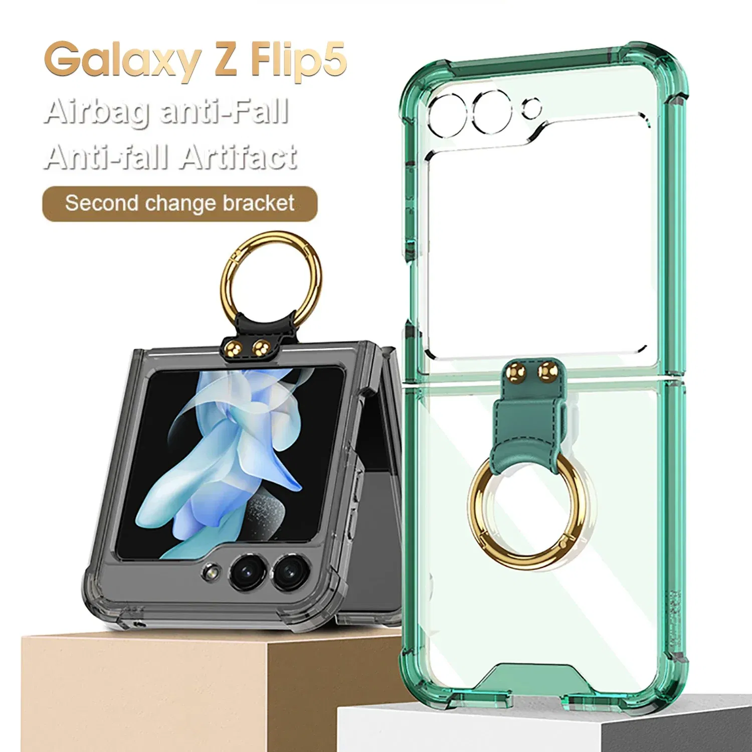 Material: Aluminum, Color: Beige - Transparent Electroplated Airbag Ring Phone Case for Samsung Galaxy Z Flip 5 4 3 5G Flip5 Flip4 Flip3 5G Stand Shockproof Cover