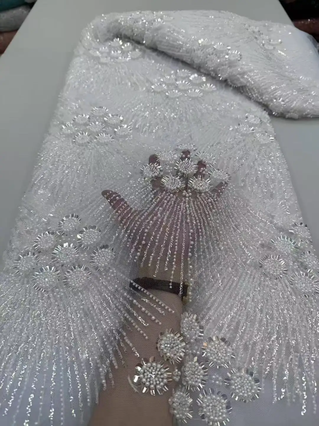 Color: pink, Width: 120cm, Length: 5 yards - African Heavy Beaded Lace Fabric 2025 High Quality Nigerian Sequin Pearl Lace French Tulle Fabric For Wedding Party Dress Sewing