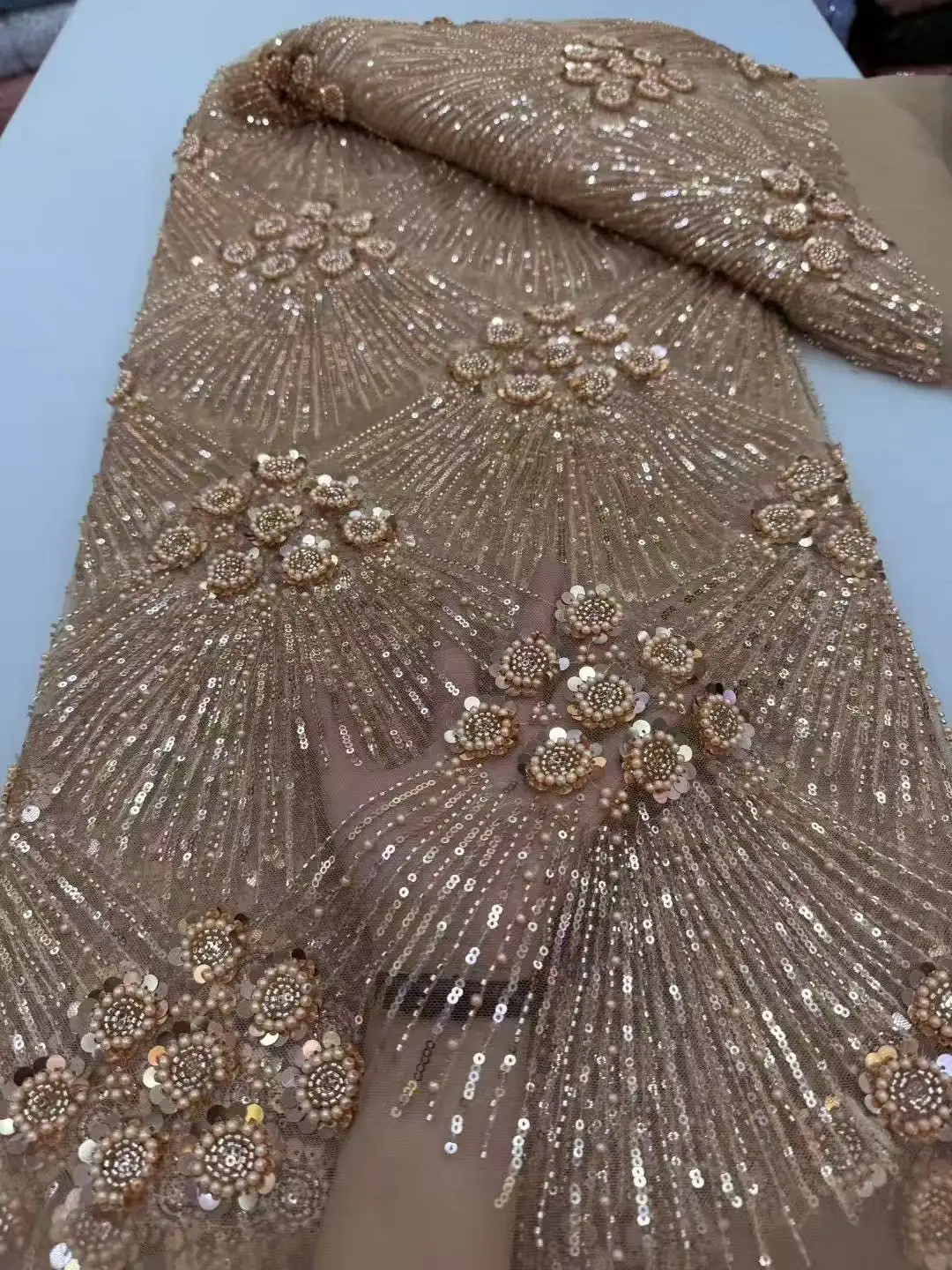 Color: pink, Width: 120cm, Length: 5 yards - African Heavy Beaded Lace Fabric 2025 High Quality Nigerian Sequin Pearl Lace French Tulle Fabric For Wedding Party Dress Sewing