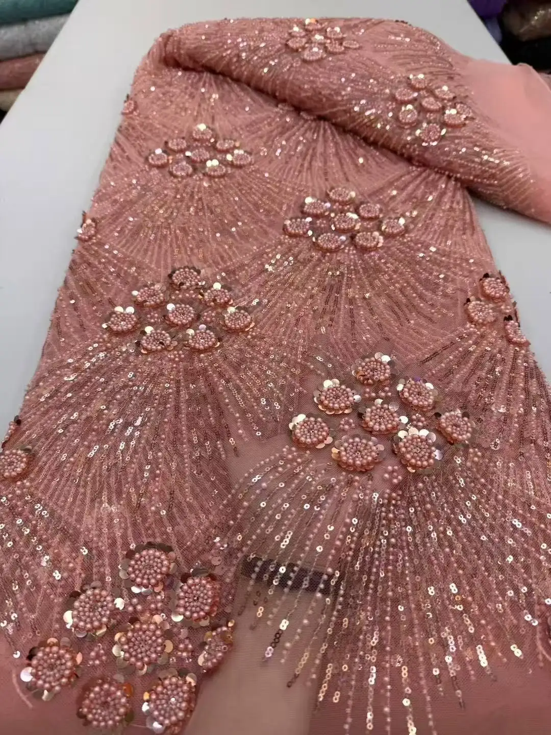 Color: pink, Width: 120cm, Length: 5 yards - African Heavy Beaded Lace Fabric 2025 High Quality Nigerian Sequin Pearl Lace French Tulle Fabric For Wedding Party Dress Sewing