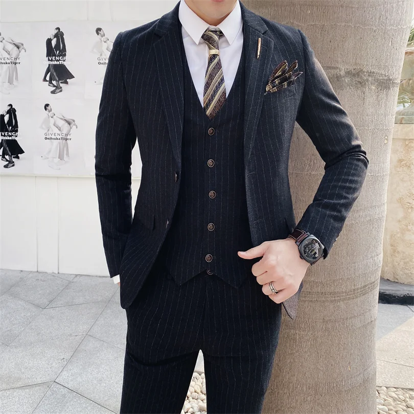 Color: Khaki, Size: 4XL - Gray Men Classic Striped/Checked Suits, Business Office 3 Piece, Asian Size Slim Fit Men Dress Jacket & Pants with Vest, S-4XL