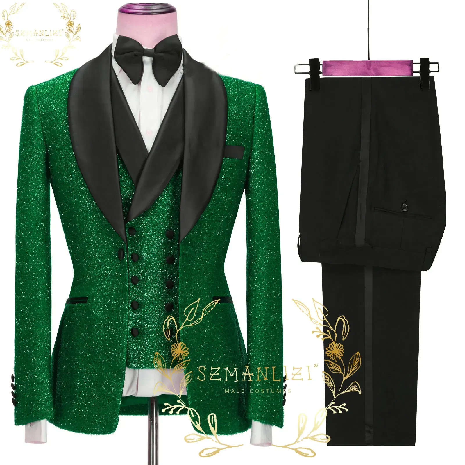 Color: Gold, Size: One Size - SZMANLIZI 2022 Latest Designs Black Floral Party Blazer Men Suits Costume Homme Groom Tuxedos Wedding Terno Masculino 3 Pieces