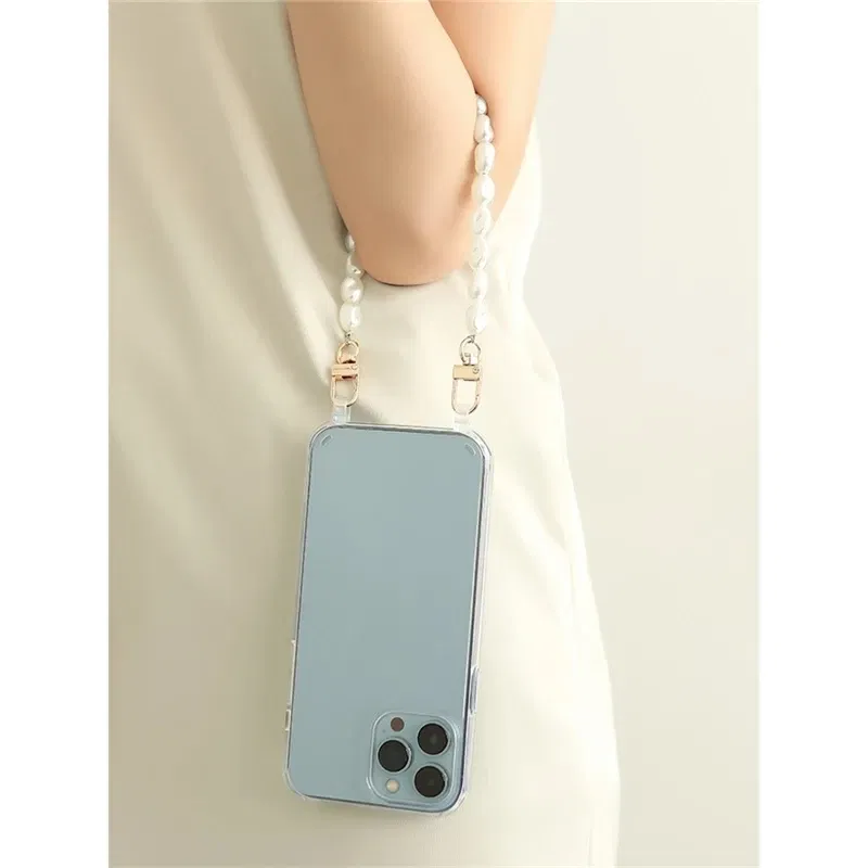 Color: Black, Bundle: Case & Strap, Material: PP - Pearl Bracelet Wrist Chain Phone Case For iPhone 13 12 11 14 15 Pro Max XR X XS Mini 7 8 Plus SE Transparent Hard Acrylic Cover