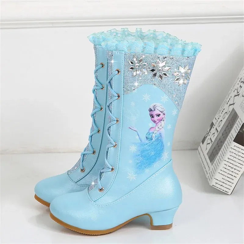 Color: Blue, Shoe Size: 3 - Disney Girls' Leather Boots Winter Frozen Boots Side Zipper High Plush Princess Elsa Boots Warm Children's Boots Size 27-37