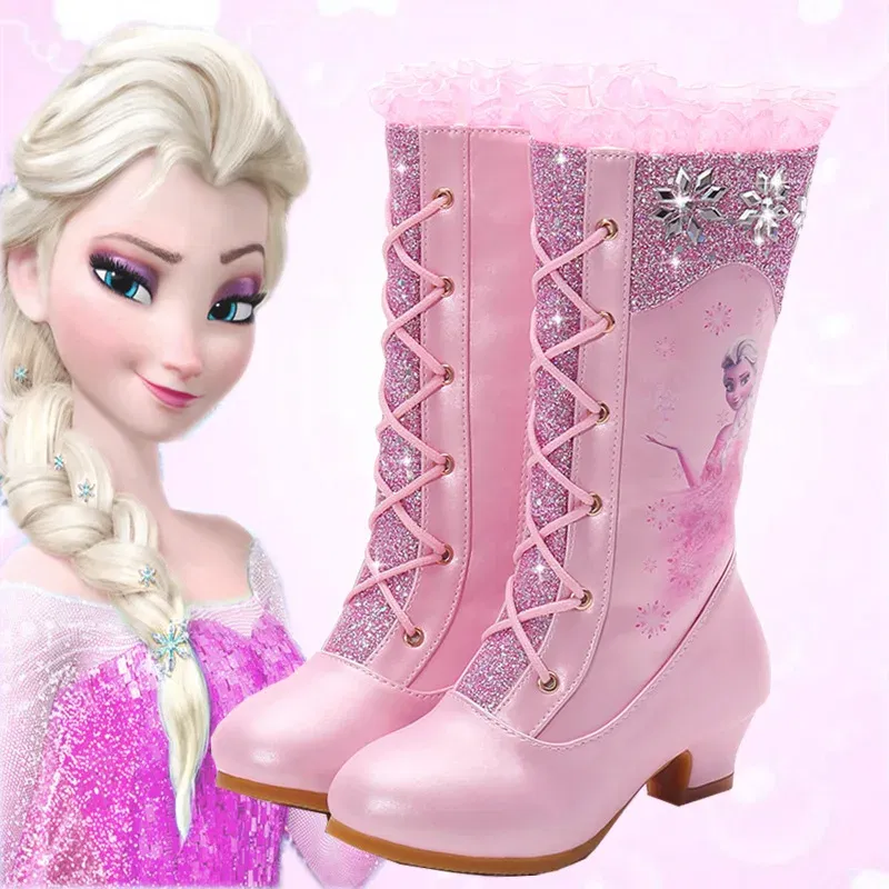 Color: Blue, Shoe Size: 3 - Disney Girls' Leather Boots Winter Frozen Boots Side Zipper High Plush Princess Elsa Boots Warm Children's Boots Size 27-37