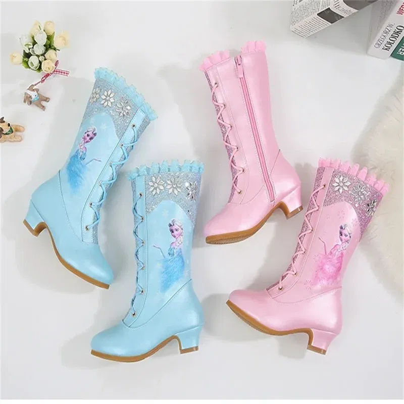 Color: Blue, Shoe Size: 3 - Disney Girls' Leather Boots Winter Frozen Boots Side Zipper High Plush Princess Elsa Boots Warm Children's Boots Size 27-37