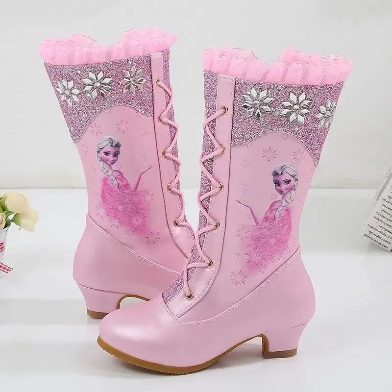 Color: Blue, Shoe Size: 3 - Disney Girls' Leather Boots Winter Frozen Boots Side Zipper High Plush Princess Elsa Boots Warm Children's Boots Size 27-37