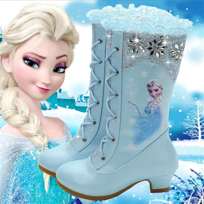 Color: Blue, Shoe Size: 3 - Disney Girls' Leather Boots Winter Frozen Boots Side Zipper High Plush Princess Elsa Boots Warm Children's Boots Size 27-37