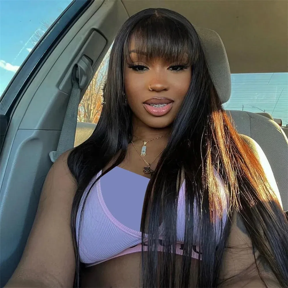 Stretched Length: 24inches, Hair Color: #27R, Lace Wig Type: 4*1, Density: 180%, - 30 Inch 3X1 Middle Part Lace Human Hair Wig With Bangs For Women Straight Brazilian Wigs On Sale Cheap Fringe Short Bob Wigs
