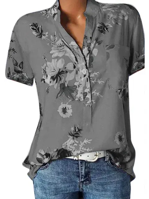 Color: GRAY, Size: M - Temperament new women's shirt printing large size casual shirt loose V-neck short-sleeved shirt blouse