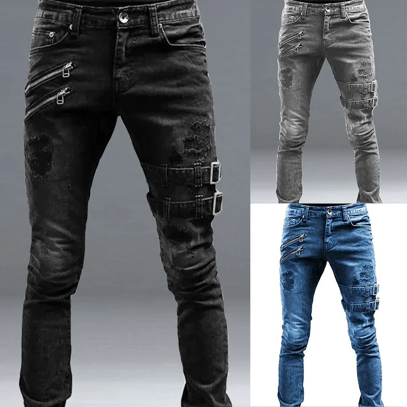 Color: Ivory, Size: S, - Men's Punk Hip Hop Black Fashion Jeans Spring summer New Rock Motorcycle Street Wear Tight Casual Denim pants Straight leg pants