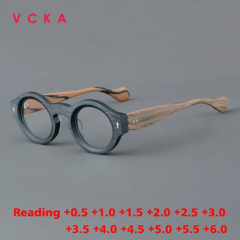 Frame Color: Blue, Eye Prescription: +450 - VCKA Round Acetate Reading Glasses Frame Retro Men Prescription Anti-blue discolor Women Custom Optics Retro Eyewear +0.50to +10
