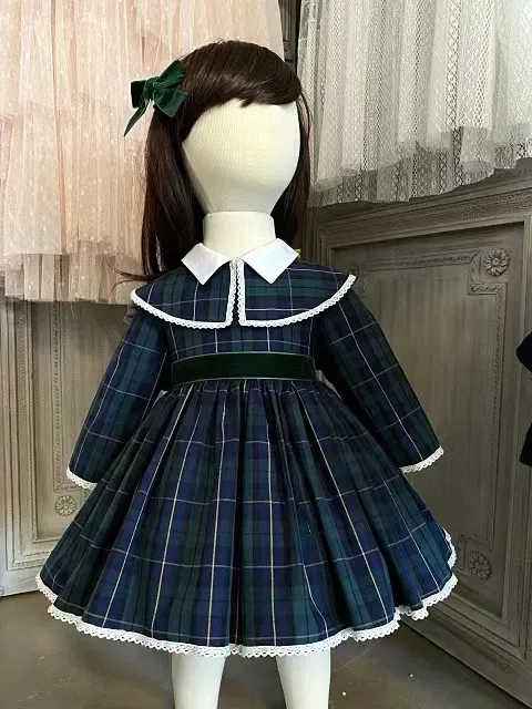 Color: Blue, Kid Size: 6 - 0-12Y Baby Girl Autumn Winter Green Plaid Vintage Spanish Princess Ball Gown Dress for Eid Causal Christmas C60