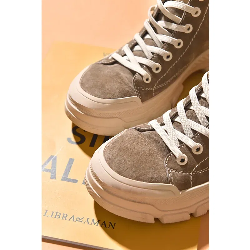Color: Brown, Shoe Size: 7 - BeauToday Casual Sneakers Women Suede Leather Round Toe Lace-Free High Top Ladies Retro Fashion Flat Shoes Handmade 29575