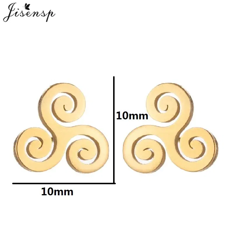 Metal Color: Light Yellow Gold Color, Main Stone Color: Red - Cartoon The Movie Teen Wolf Triskele Triskelion Inspired Earrings Punk Stainless Steel Jewelry Triple Spiral Ear Studs Women Men