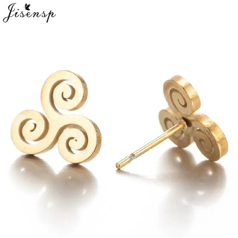 Metal Color: Light Yellow Gold Color, Main Stone Color: Red - Cartoon The Movie Teen Wolf Triskele Triskelion Inspired Earrings Punk Stainless Steel Jewelry Triple Spiral Ear Studs Women Men
