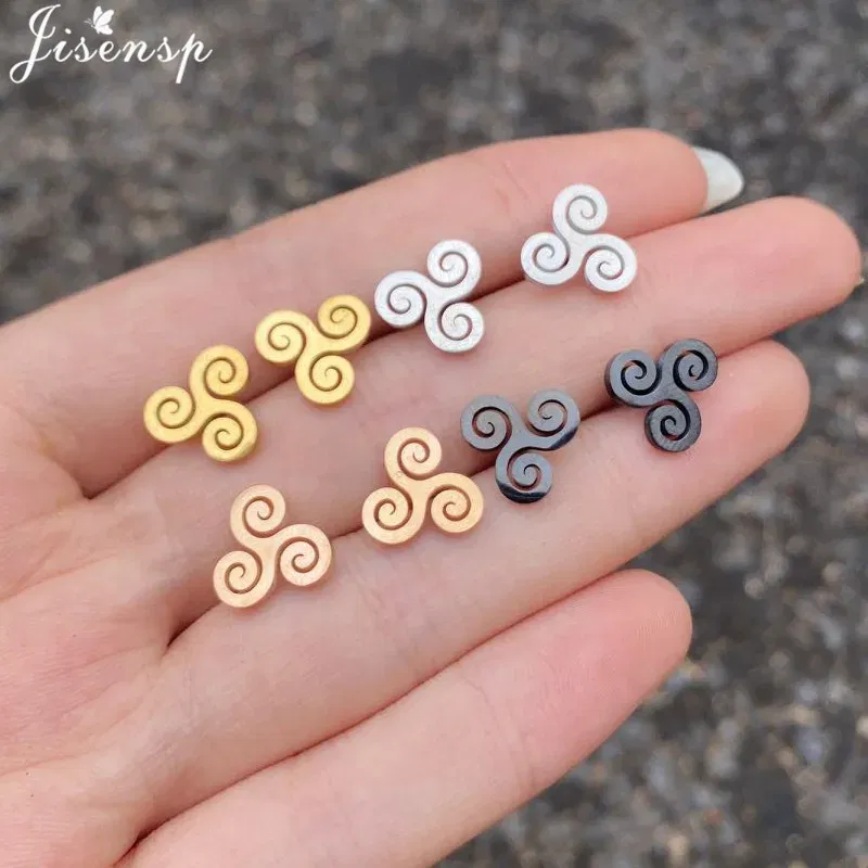 Metal Color: Light Yellow Gold Color, Main Stone Color: Red - Cartoon The Movie Teen Wolf Triskele Triskelion Inspired Earrings Punk Stainless Steel Jewelry Triple Spiral Ear Studs Women Men