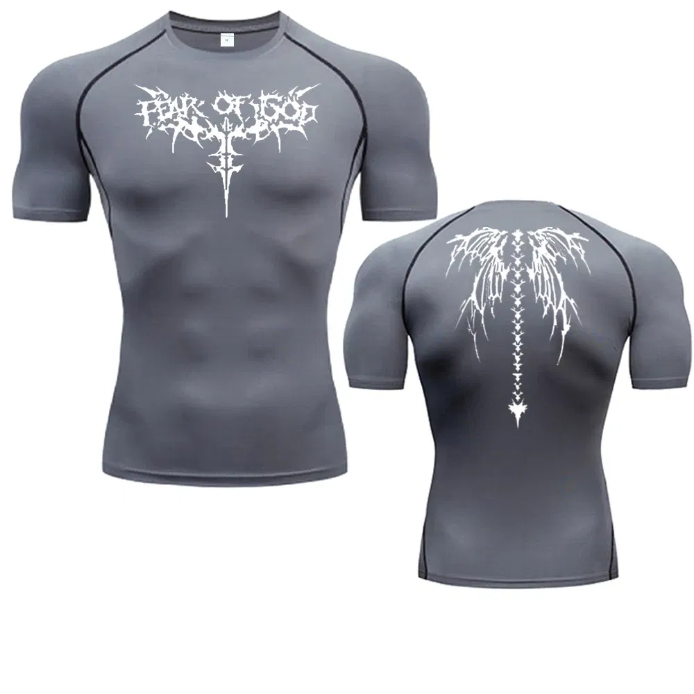 Color: army green, Size: L - Men's Compression Shirt Anime Print Gym Sport Quick Dry Gym TShirts Fitness Athletic Undershirts Elasticity Tops Tee Summer Male