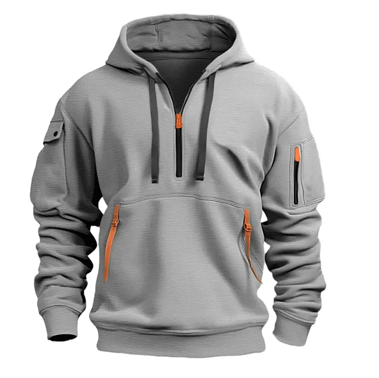 Color: GRAY, Size: XL, Sale by Pack: Pack of 1, Ships From: CHINA - New hoodie men zipper multi pocket hoodie Spring Winter Fleece Warm Sweatshirt Fashion Streetwear Sports Hoody Solid Pullover