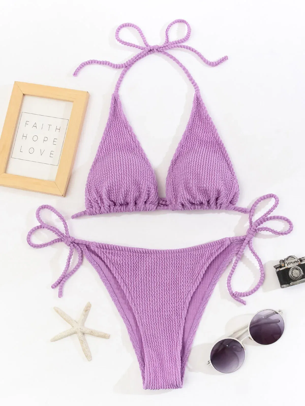 Color: PURPLE, Size: L - New Fashion Sexy Bikini Solid Swimsuit Women Swimwear Push Up Set Brazilian Bathing Suit Summer Beach Wear Swimming