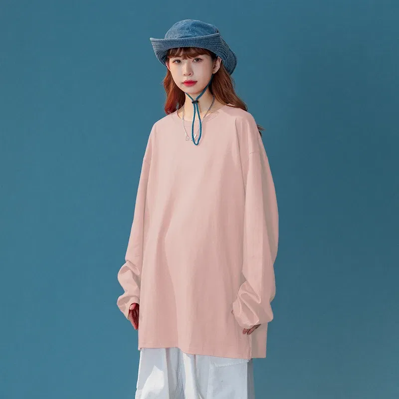 Color: Pink, Size: M, - COUTUDI-Oversized T-Shirt for Women, Loose Pullover,Long Sleeve, Casual 100% Cotton Tee Shirt, Lady Tops, Korean Streetwears